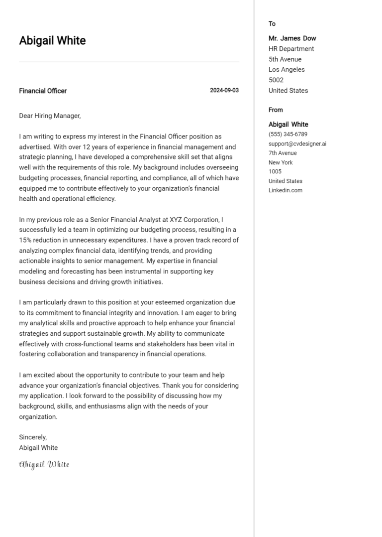 Financial Officer Cover Letter Examples & Samples for 2025
