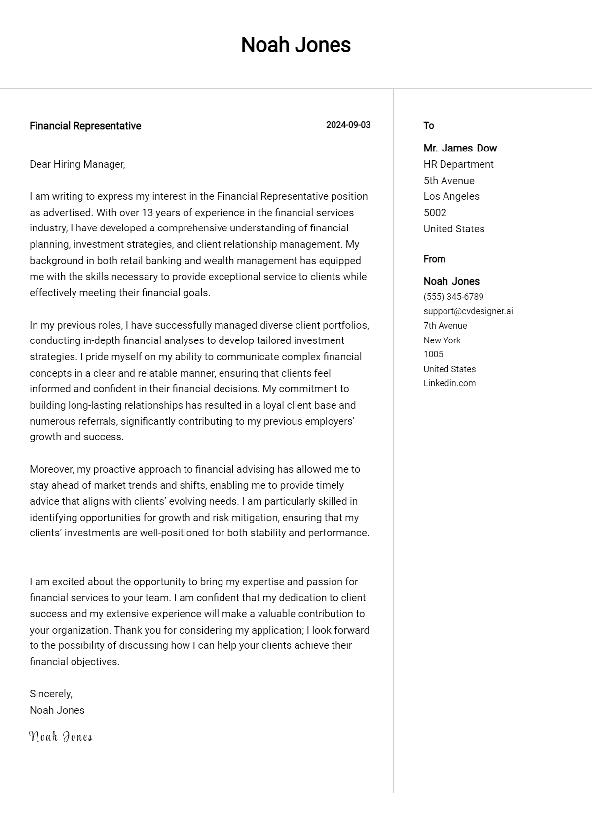 financial representative cover letter example