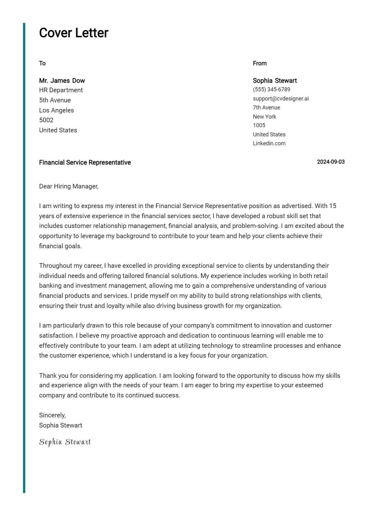 financial service representative cover letter example