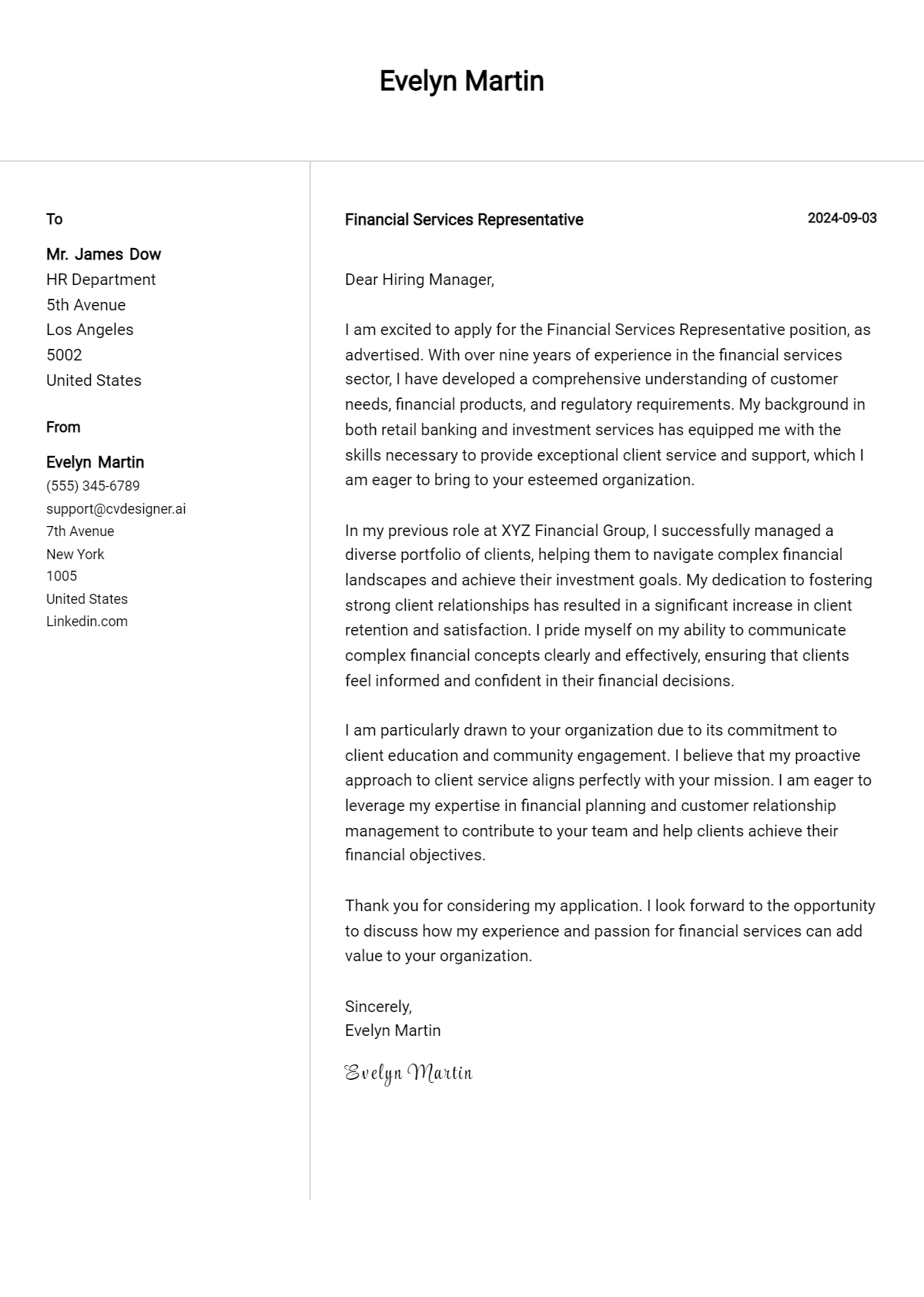 financial services representative cover letter example