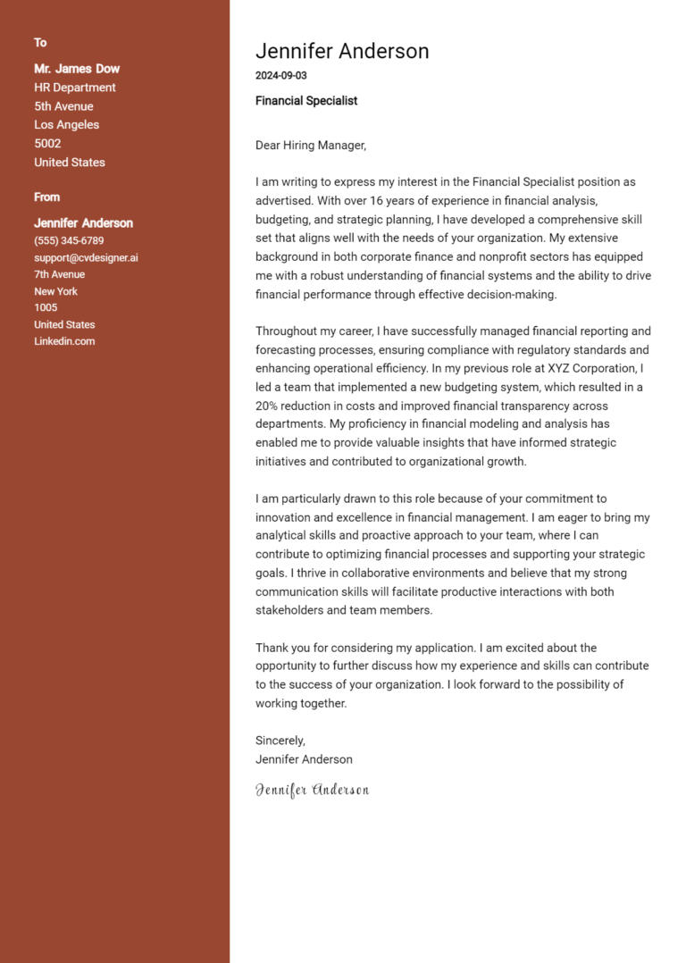 Financial Specialist Cover Letter Samples & Examples 2025 1 Financial Specialist Cover Letter Samples & Examples 2025