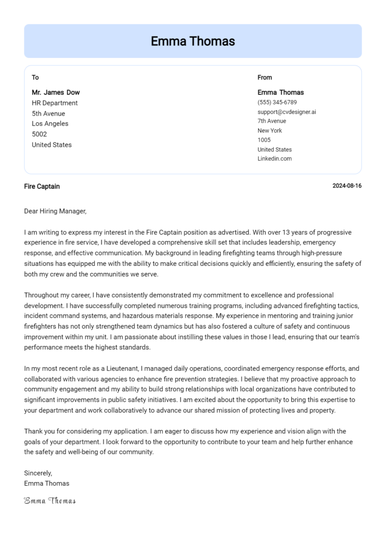 Fire Captain Cover Letter Example for 2025: Top CV Skills