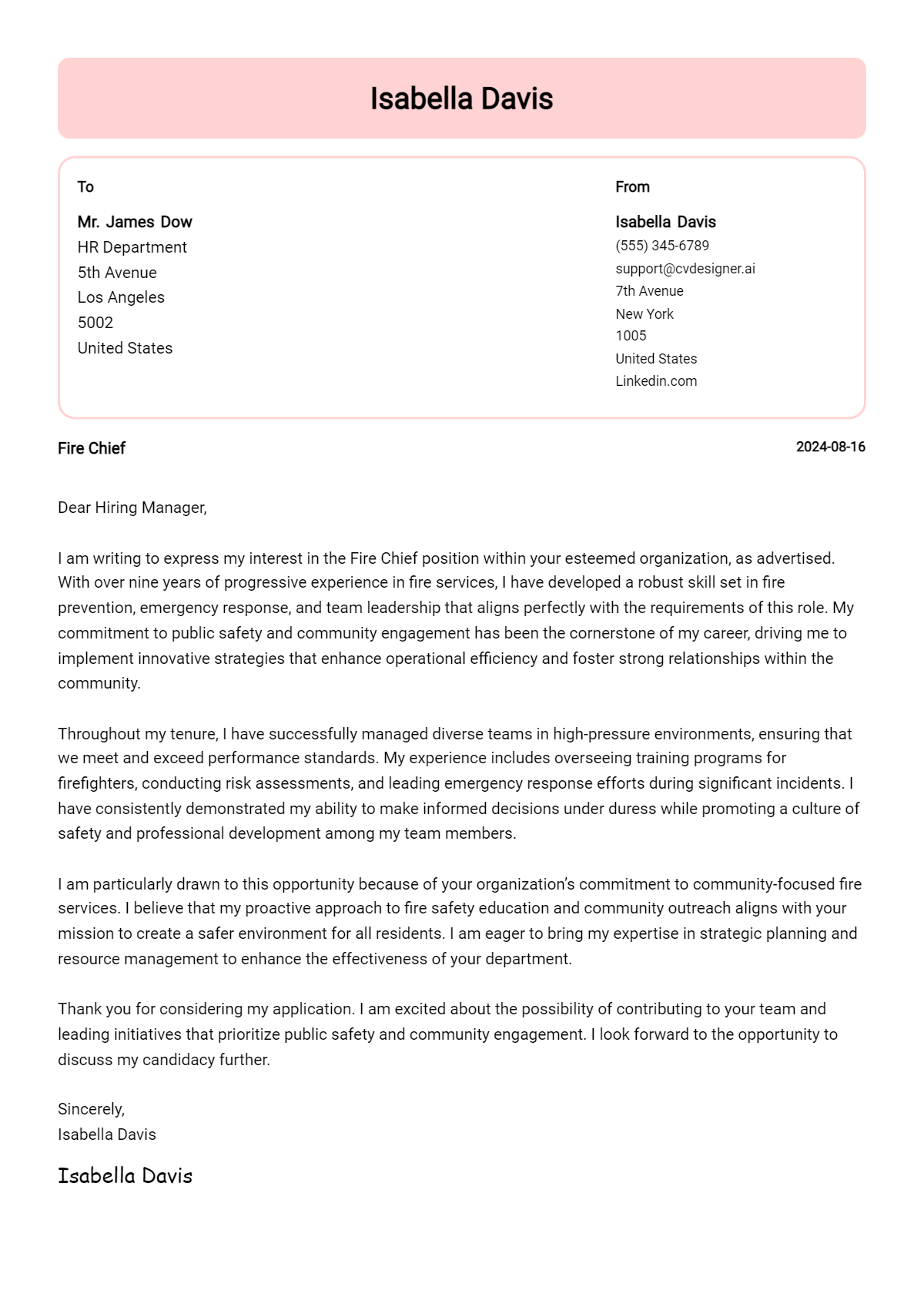 fire chief cover letter example