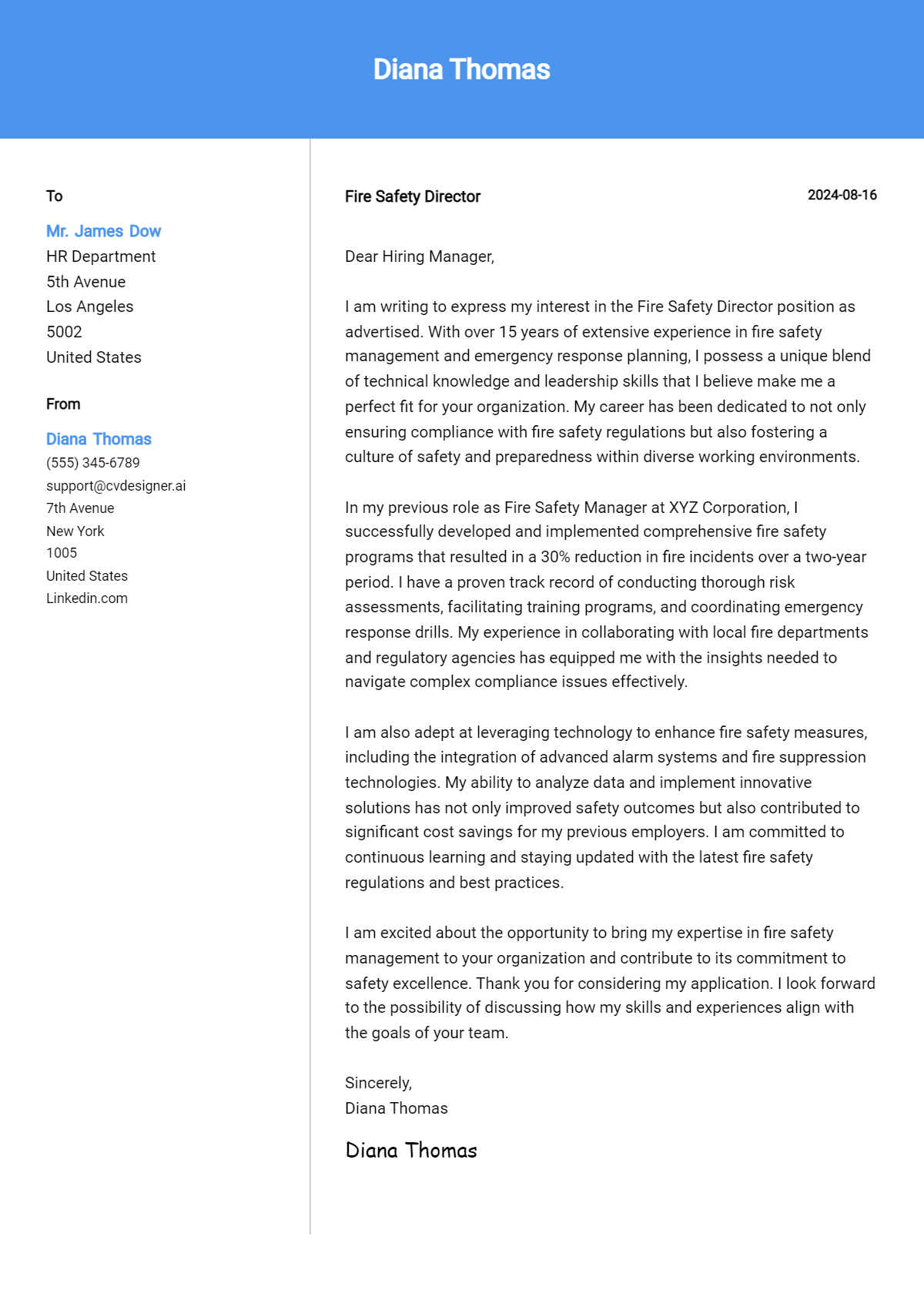 fire safety director cover letter example