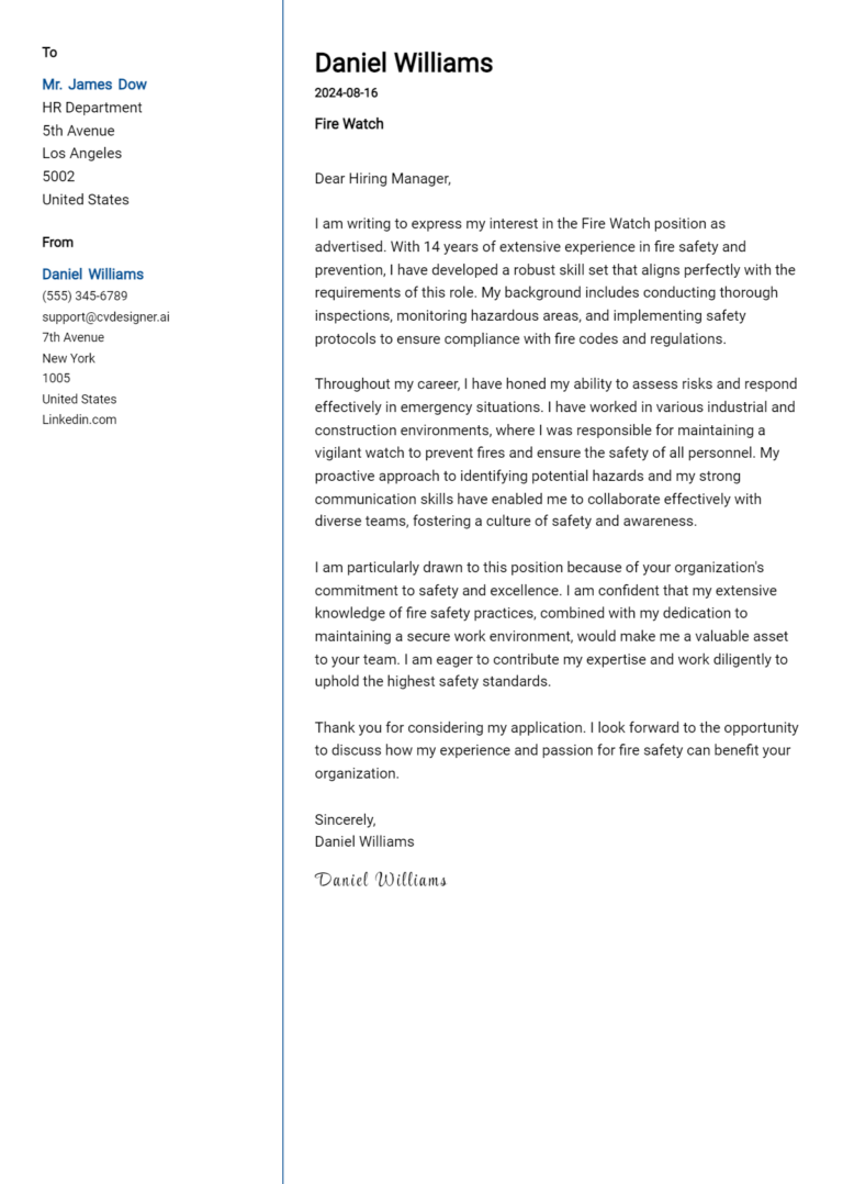Fire Watch Cover Letter Example for 2025: Tips & Templates