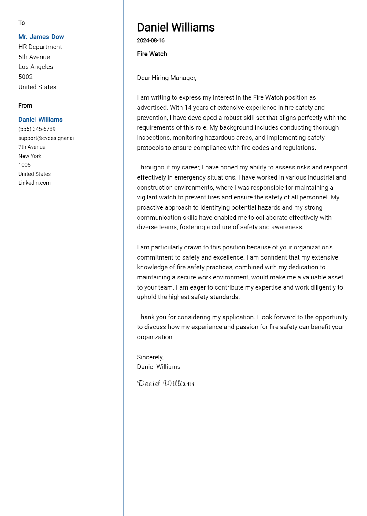 fire watch cover letter example