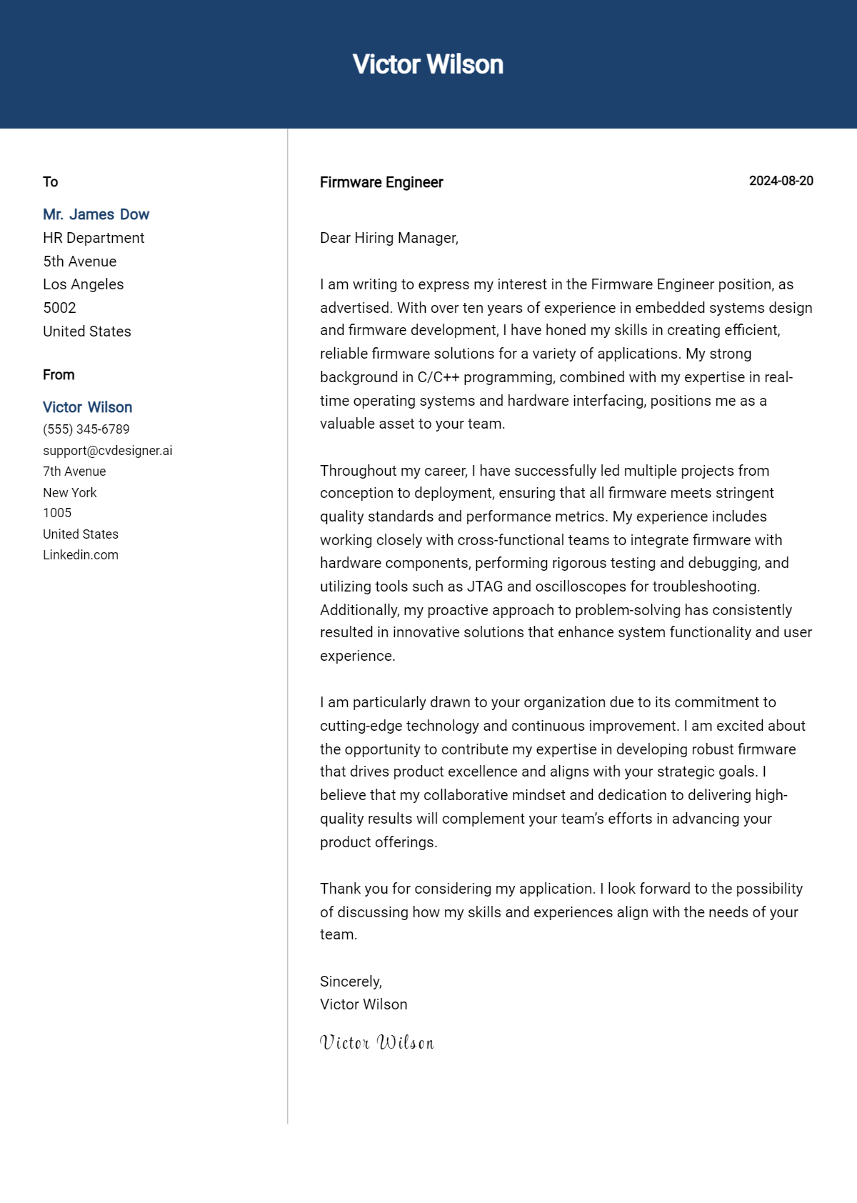firmware engineer cover letter example