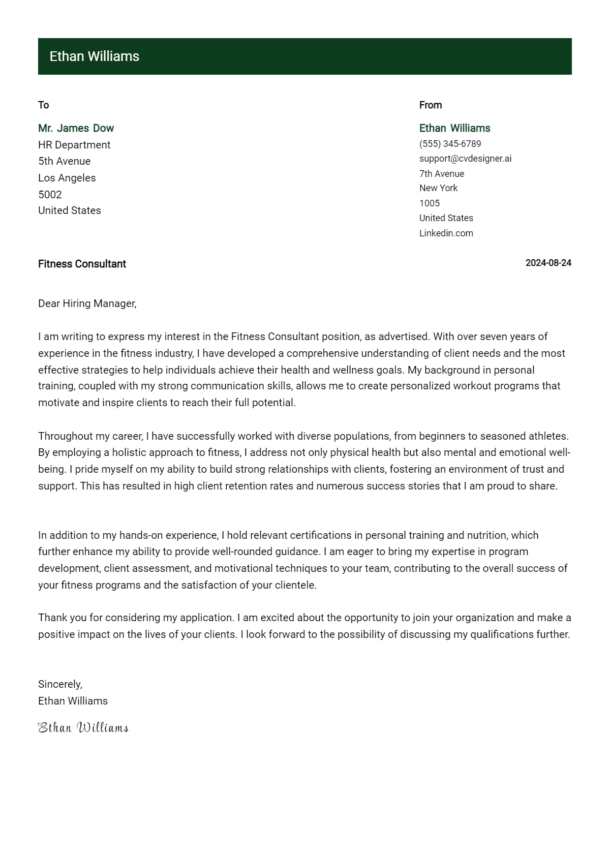fitness consultant cover letter example