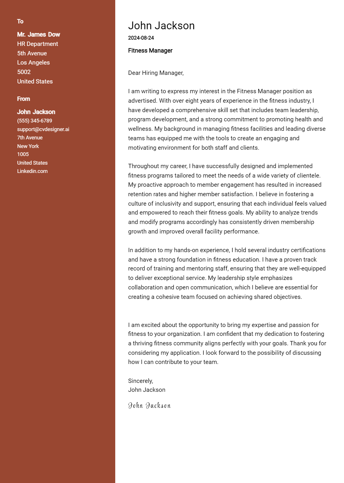 fitness manager cover letter example