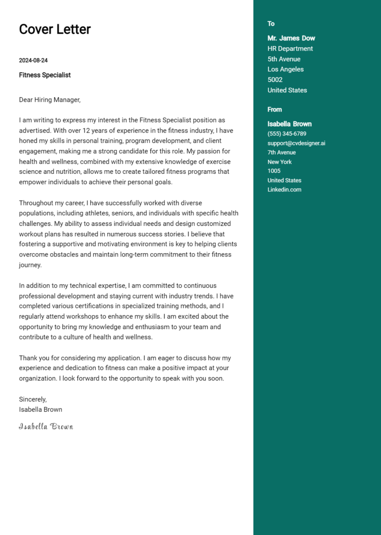 Fitness Specialist Cover Letter Example for 2025 (Complete Writing Guide)