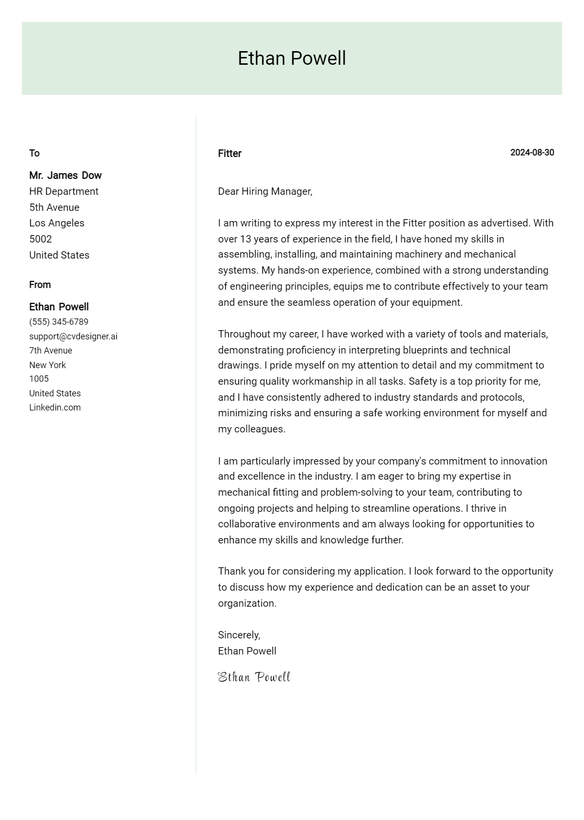 fitter cover letter example