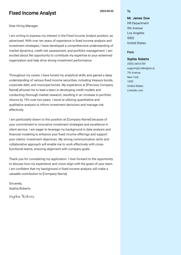 Fixed Income Analyst Cover Letter Example for 2025: Free Templates