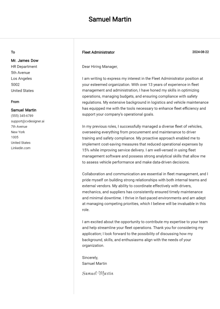 Fleet Administrator Cover Letter Samples & Examples 2025