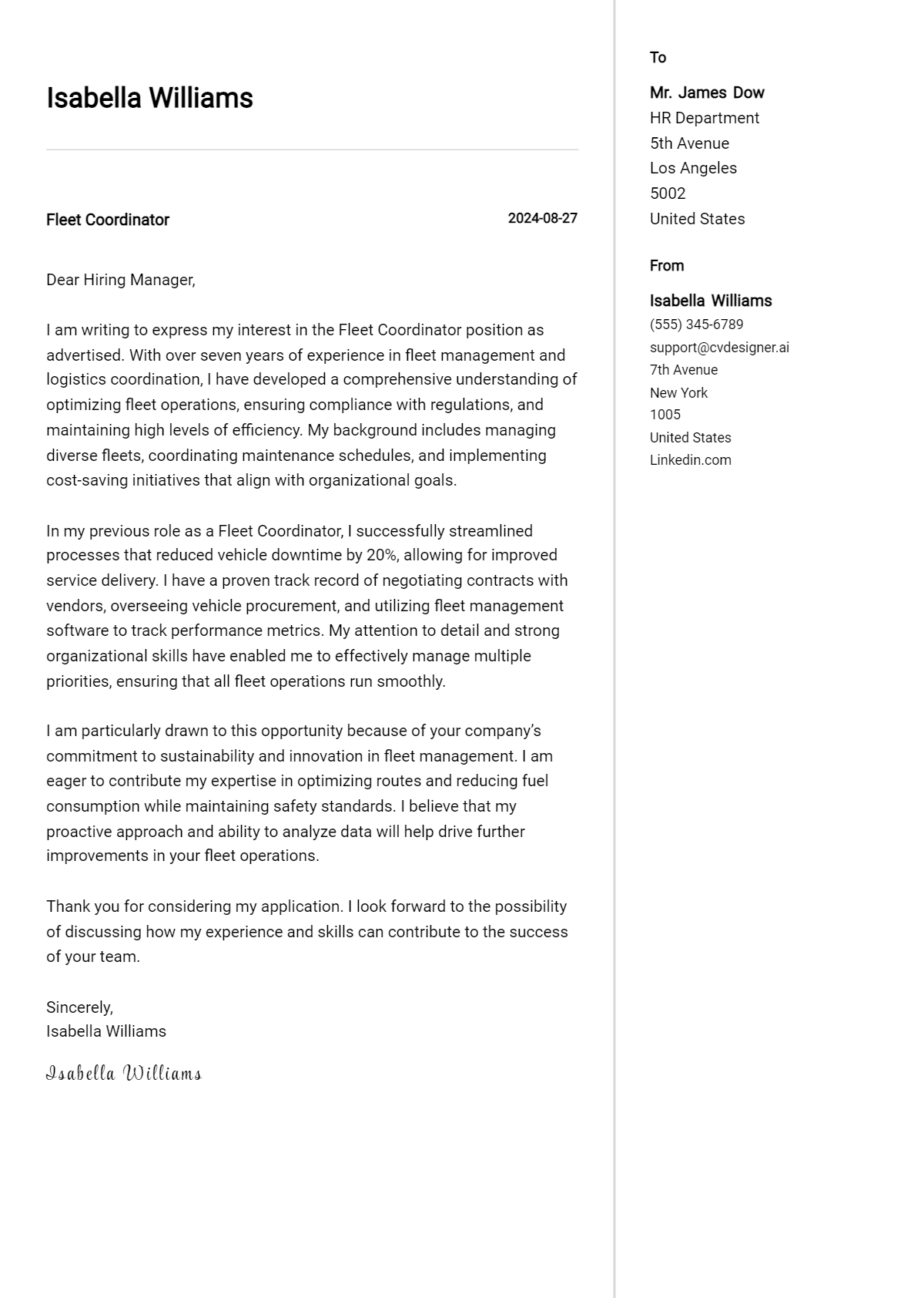 fleet coordinator cover letter example