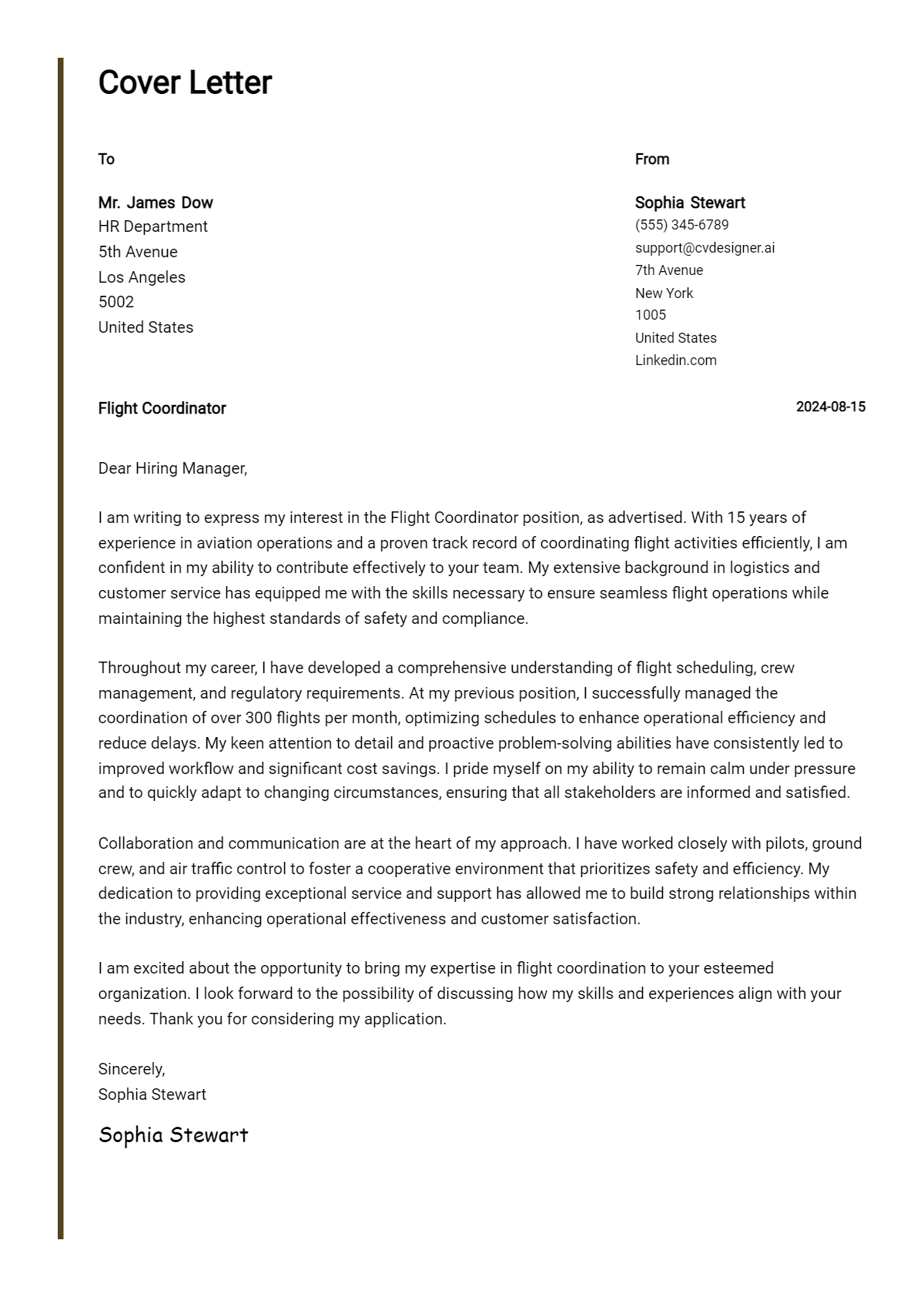 flight coordinator cover letter example