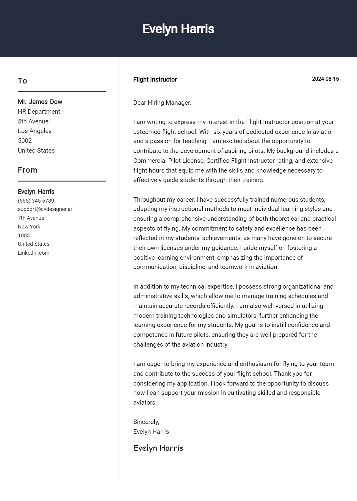 flight instructor cover letter example