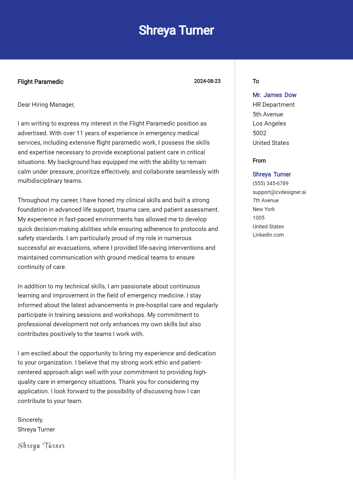 flight paramedic cover letter example