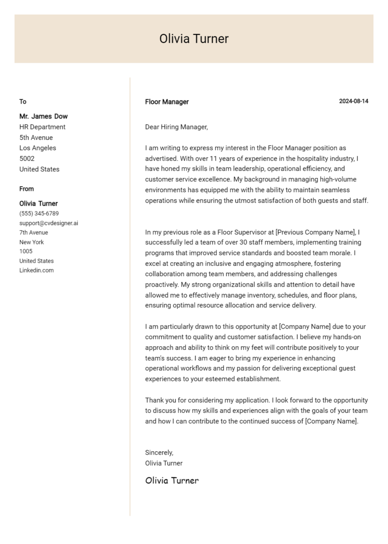 Floor Manager Cover Letter Example for 2025: Expert Tips & Templates