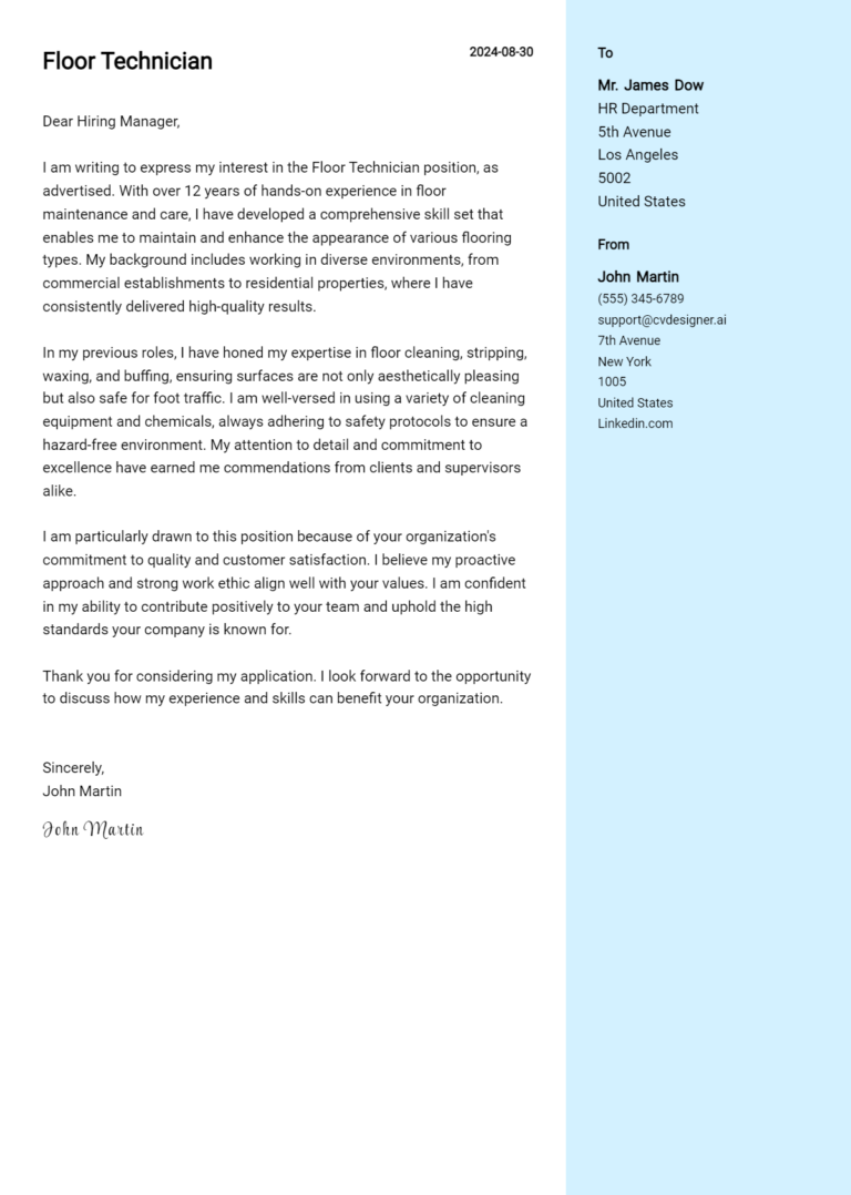 Floor Technician Cover Letter Example for 2025: Free Templates