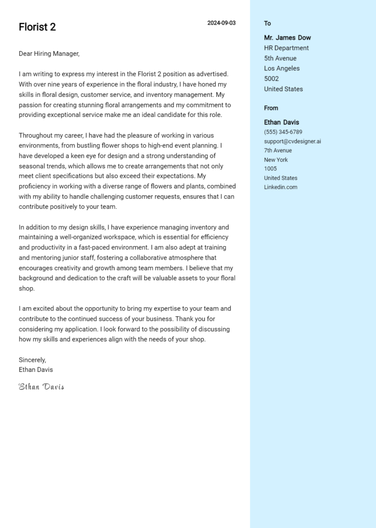Florist Cover Letter Example for 2025 (Free Templates)