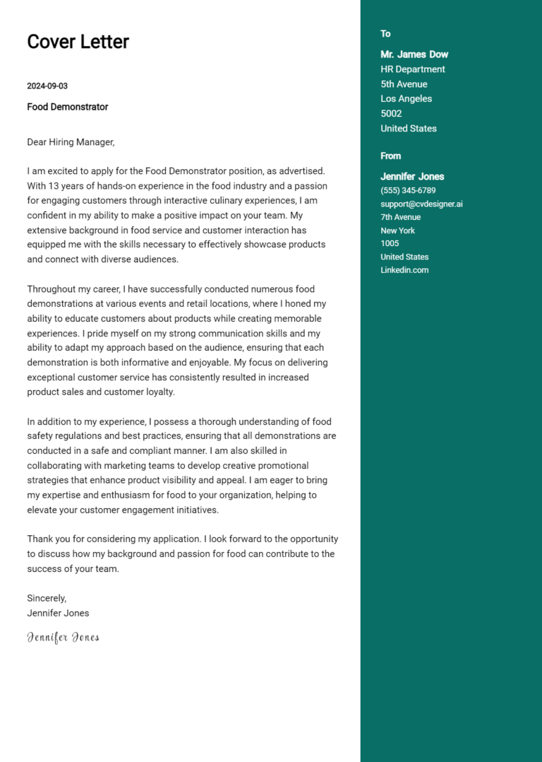 Food Demonstrator Cover Letter Example for 2025: Ultimate Guide