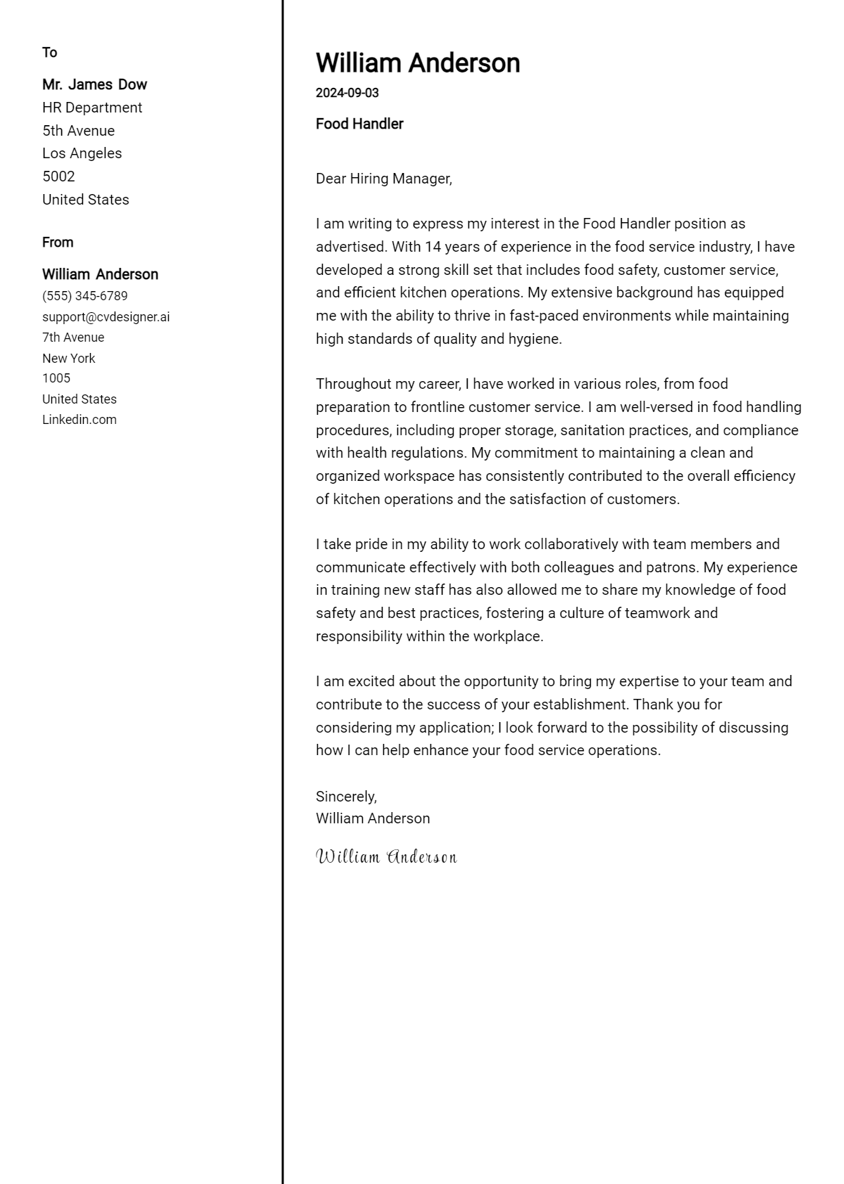 food handler cover letter example