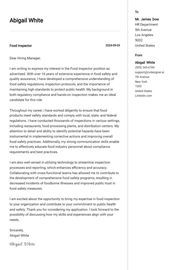Food Inspector Cover Letter Examples and Templates for 2025
