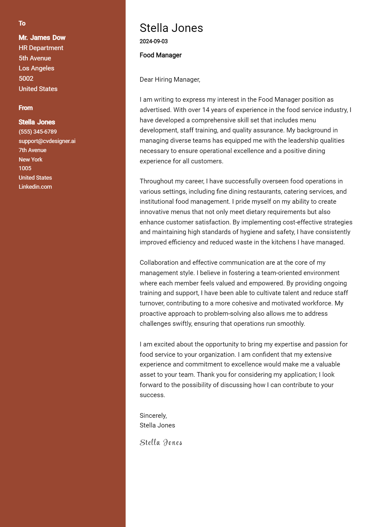 food manager cover letter example