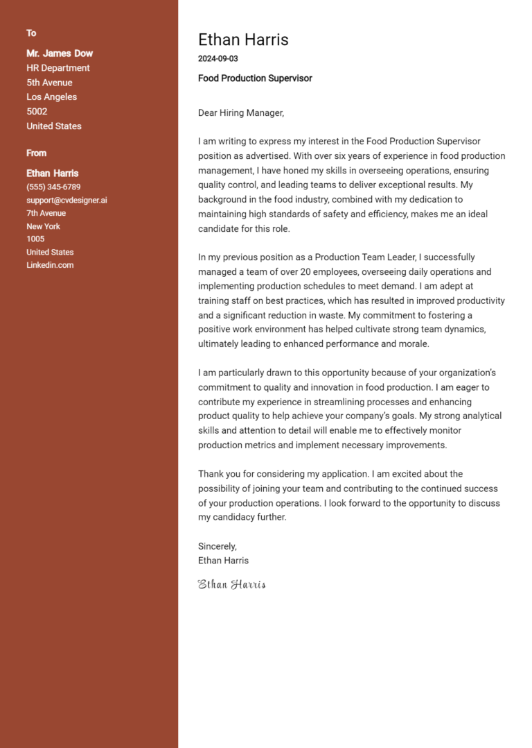 Food Production Supervisor Cover Letter Example for 2025: Tips & Templates