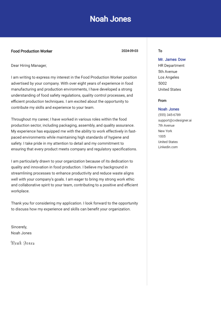 food production worker cover letter example