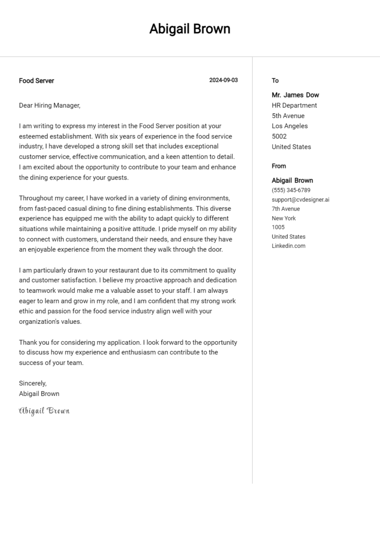 19 Food Server Cover Letter Example for 2025: Tips & Templates 1 19 Food Server Cover Letter Example for 2025: Tips & Templates