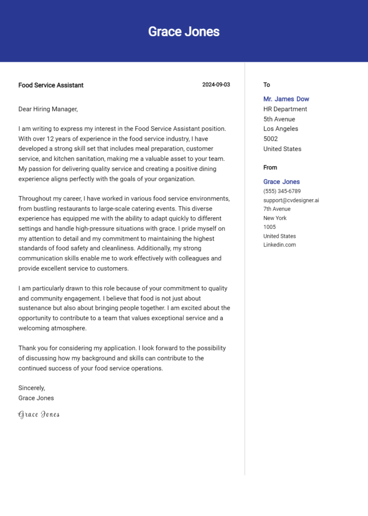 food service assistant cover letter example