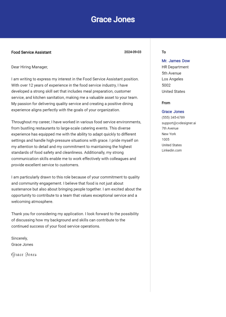 Food Service Assistant Cover Letter Examples & Samples for 2025
