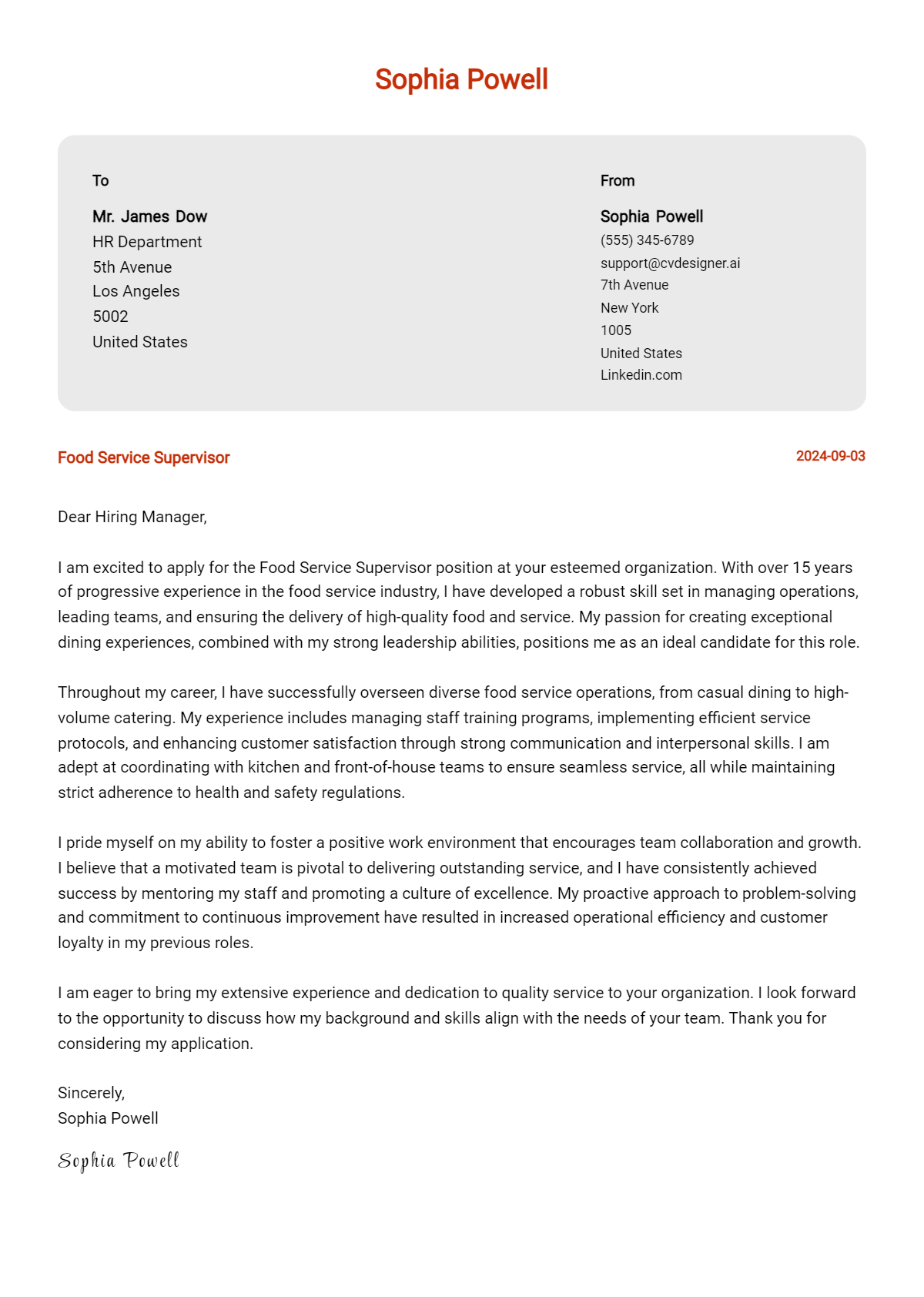 food service supervisor cover letter example