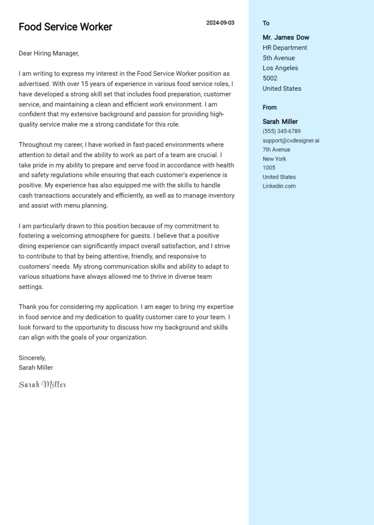Food Service Worker Cover Letter Examples & Samples for 2025
