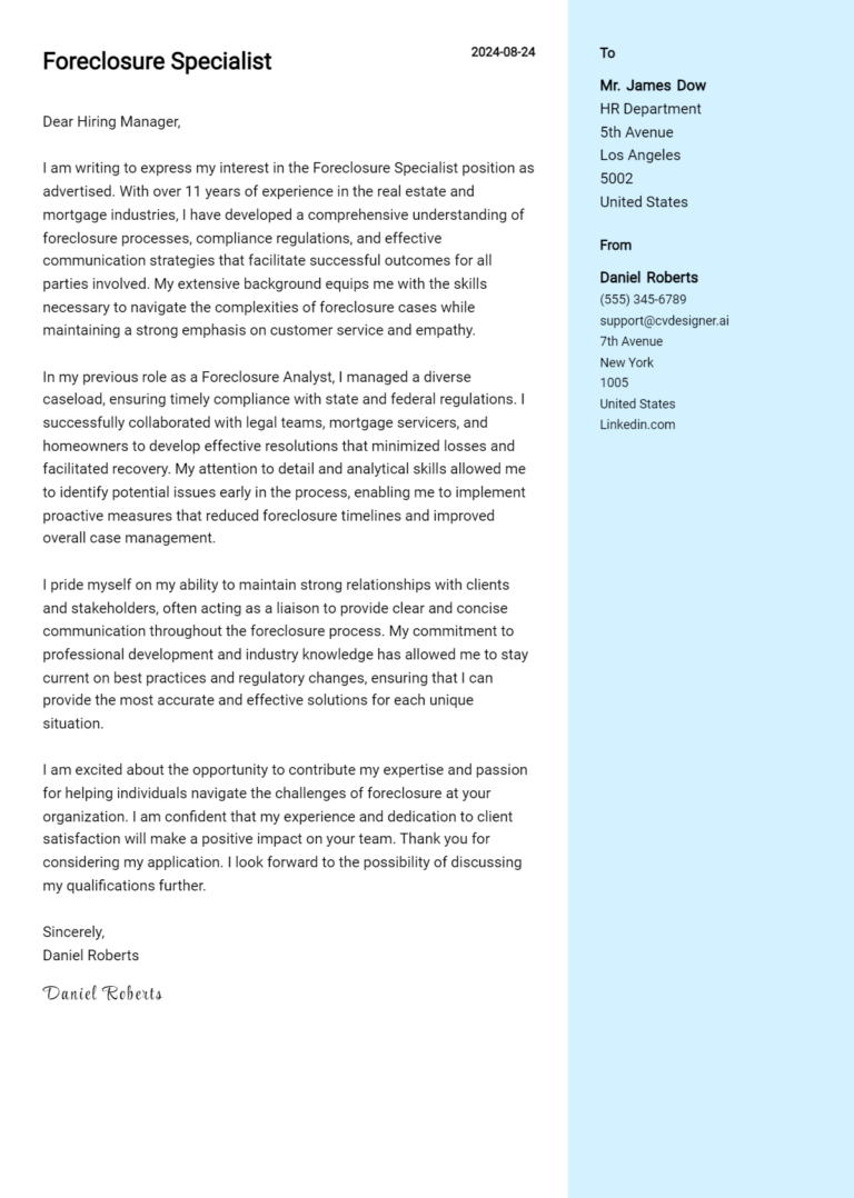 Foreclosure Specialist Cover Letter Example for 2025: Free Templates