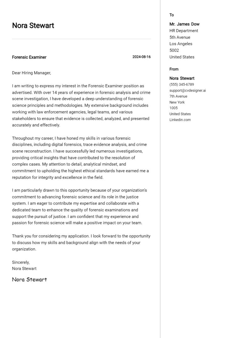 Forensic Examiner Cover Letter Example for 2025 (Download Templates)