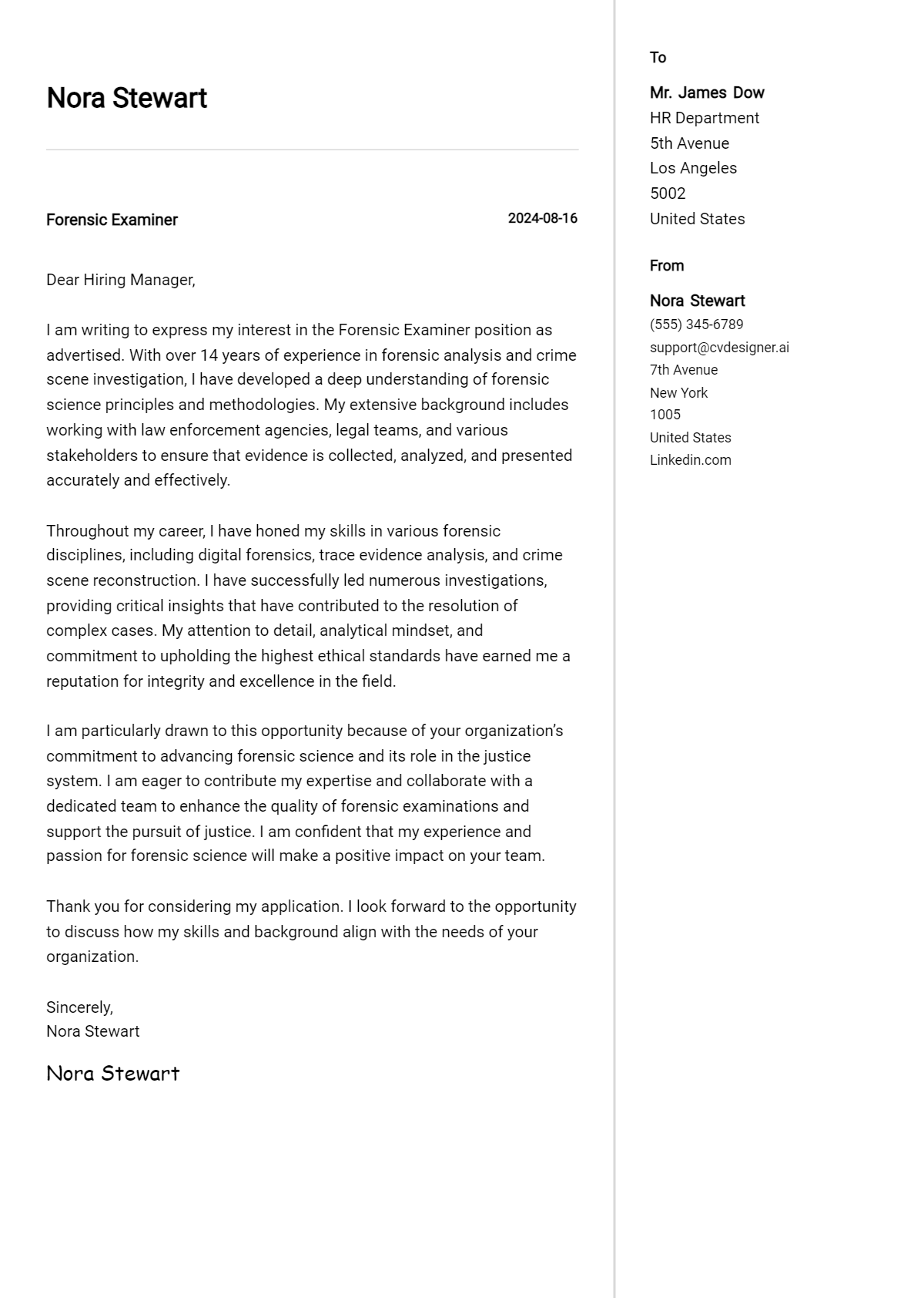forensic examiner cover letter example