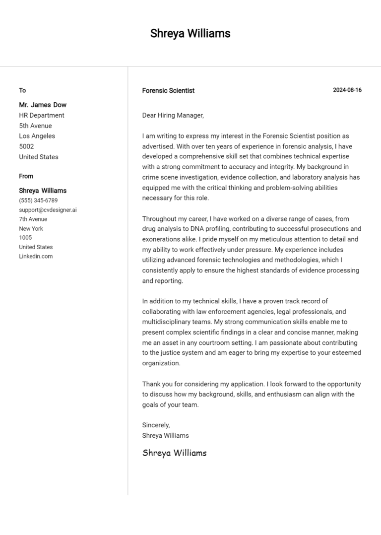 Forensic Scientist Cover Letter Examples and Templates for 2025