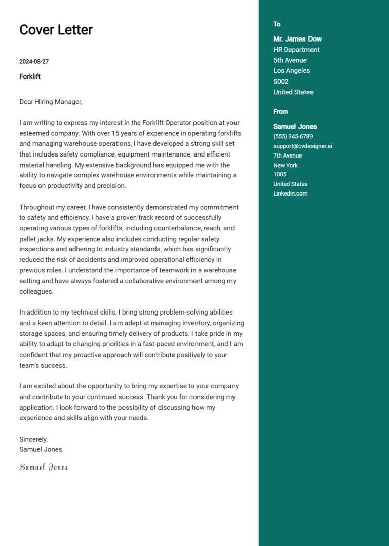 Forklift Cover Letter Example for 2025: Top CV Skills