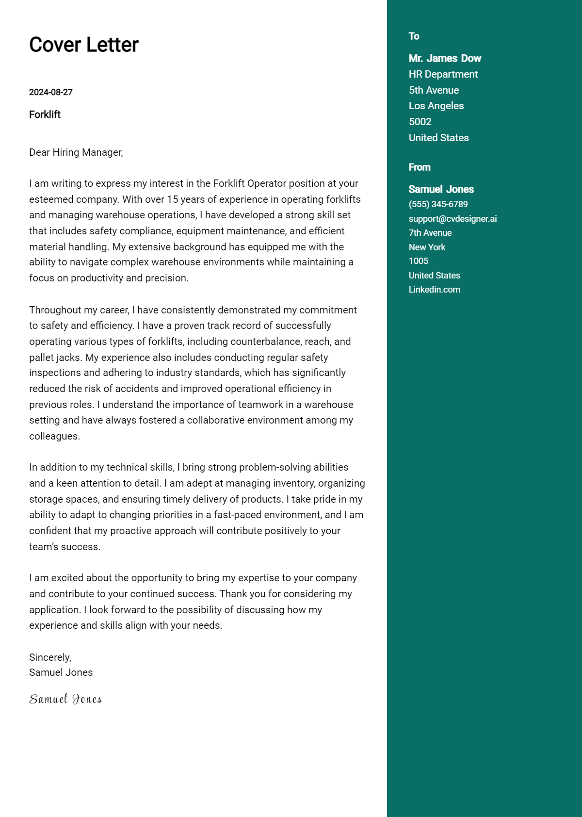 forklift cover letter example