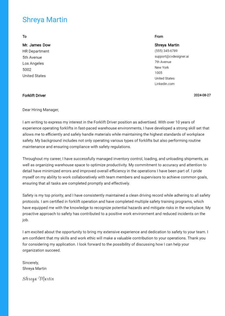 Forklift Driver Cover Letter Example for 2025 (Writing Guide) 1 Forklift Driver Cover Letter Example for 2025 (Writing Guide)