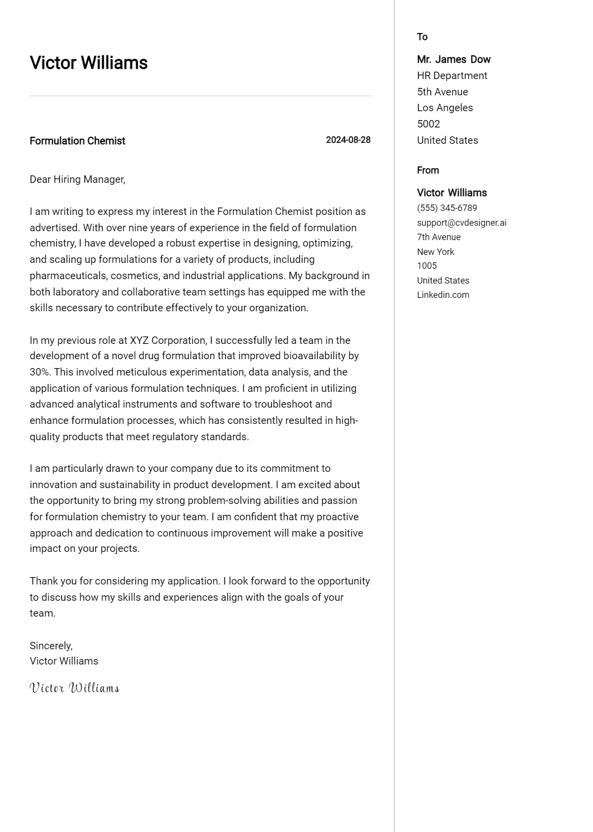 formulation chemist cover letter example