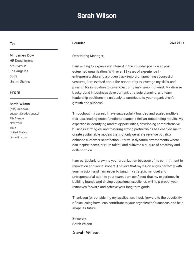 Founder Cover Letter Example for 2025: Tips & Templates