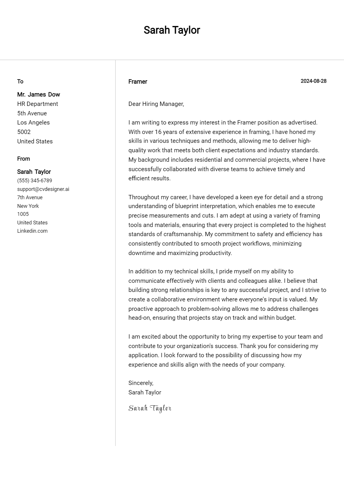 framer cover letter example