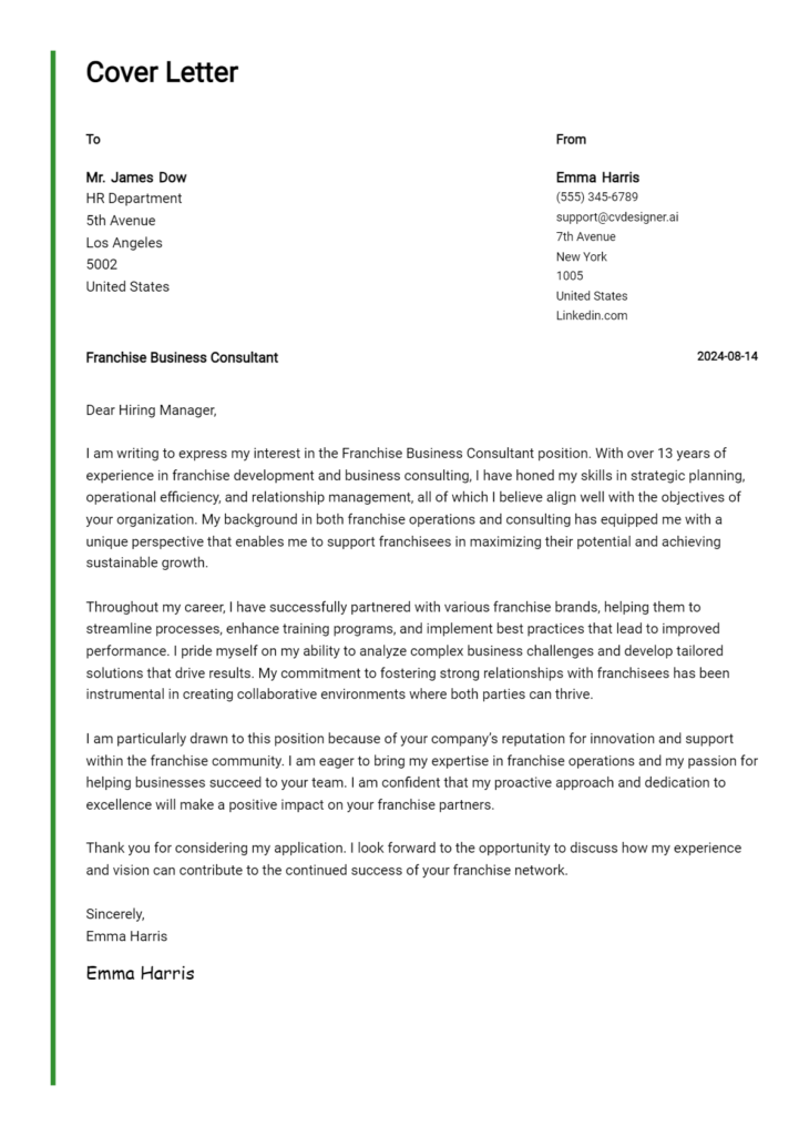 franchise business consultant cover letter example