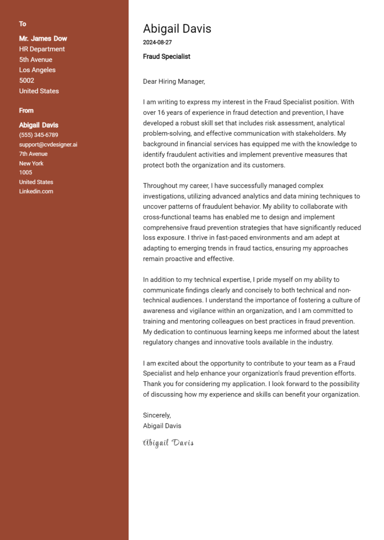 Fraud Specialist Cover Letter Example for 2025 (Complete Writing Guide)
