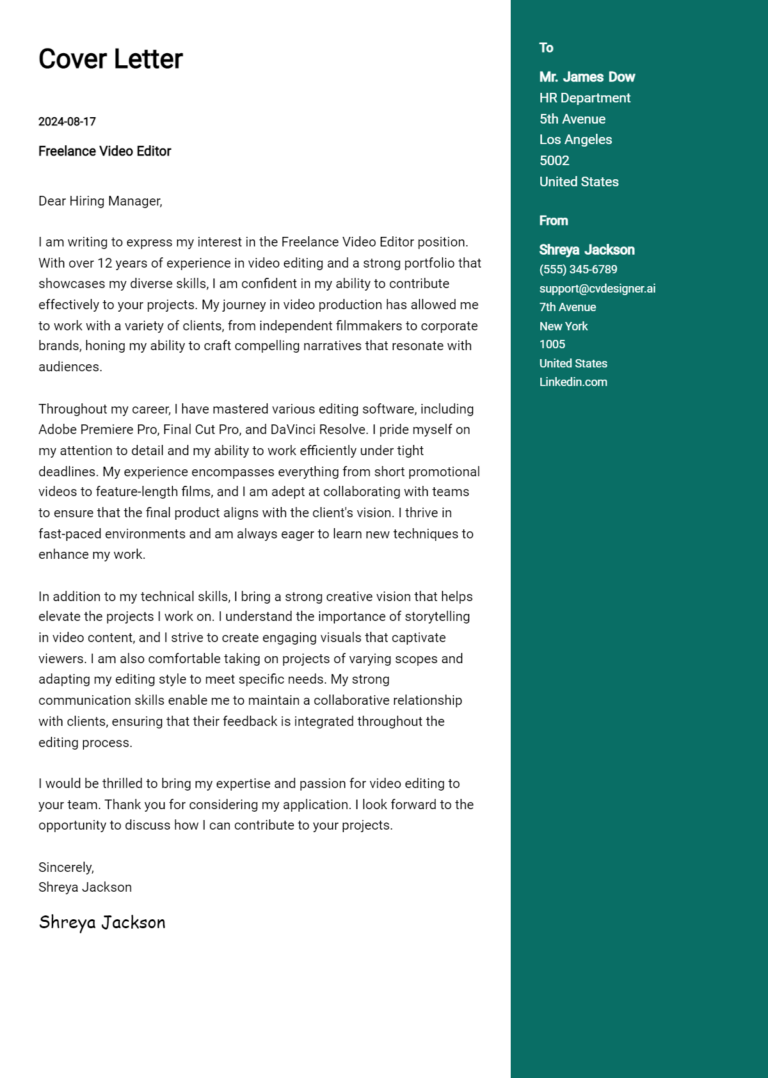 Freelance Video Editor Cover Letter Example for 2025: Ultimate Guide