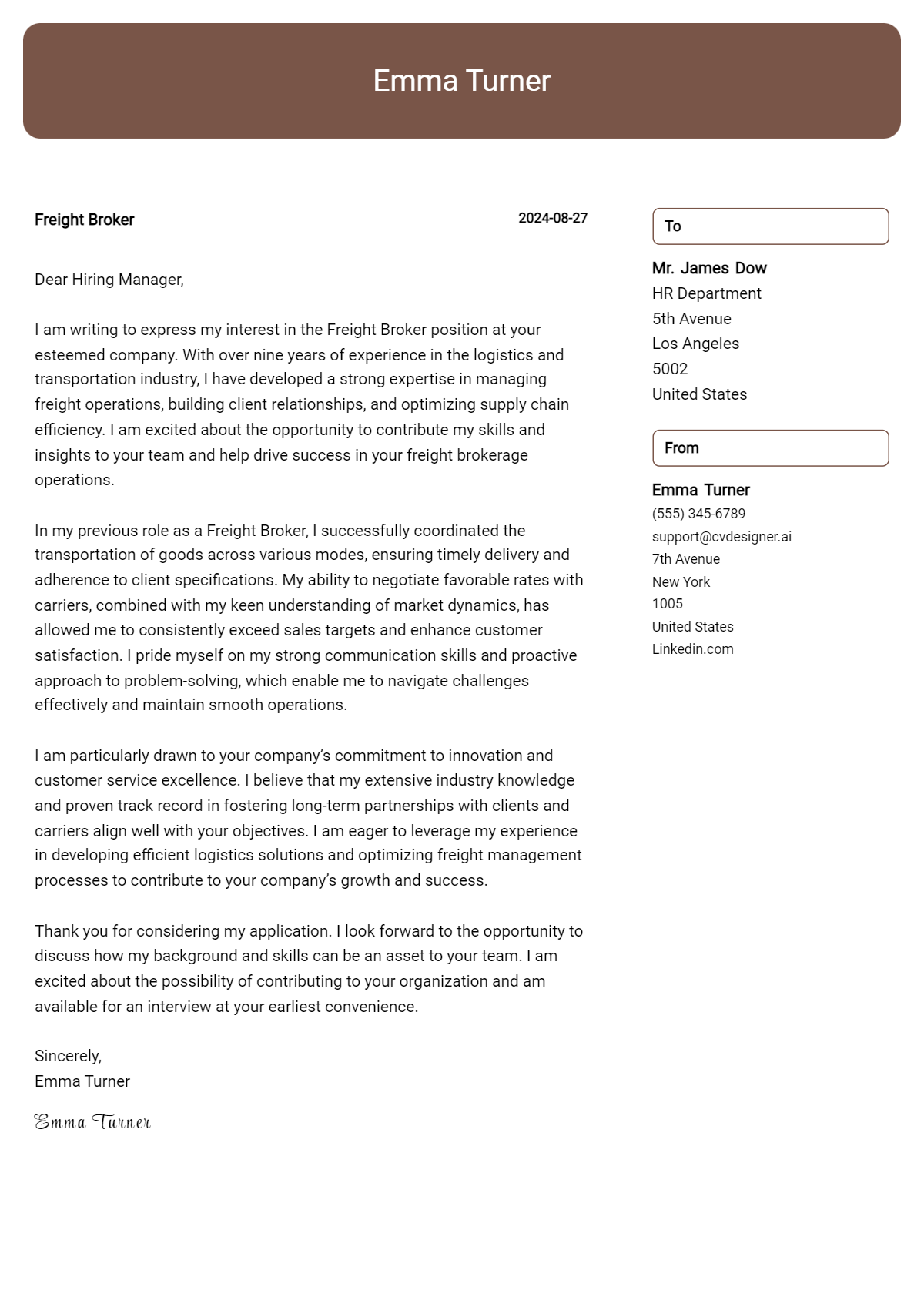 freight broker cover letter example