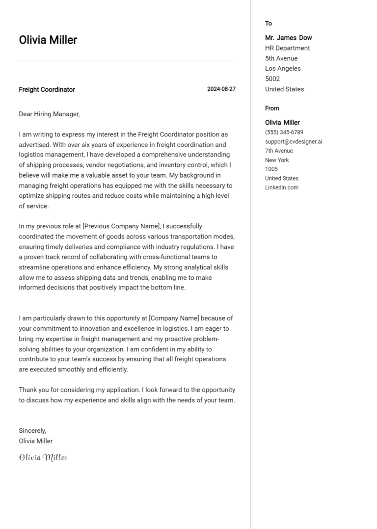 Freight Coordinator Cover Letter Example for 2025 (Complete Writing Guide)